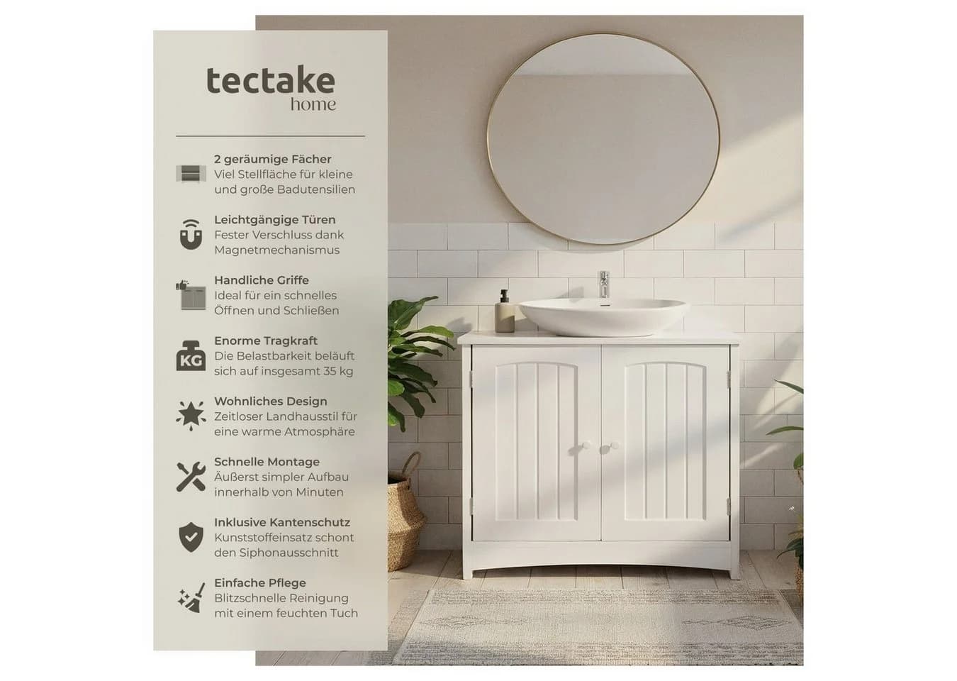 tectake Waschbeckenunterschrank Jasper 2 Fächer Weiß Landhauslook - Bild 2
