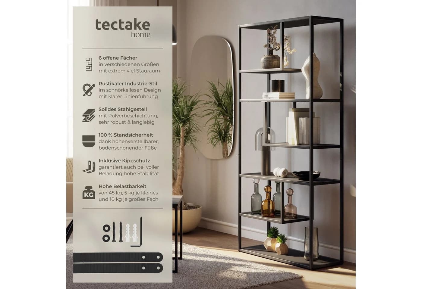 tectake Bücherregal Standregal 6 Fächer Industrial Look Schwarz