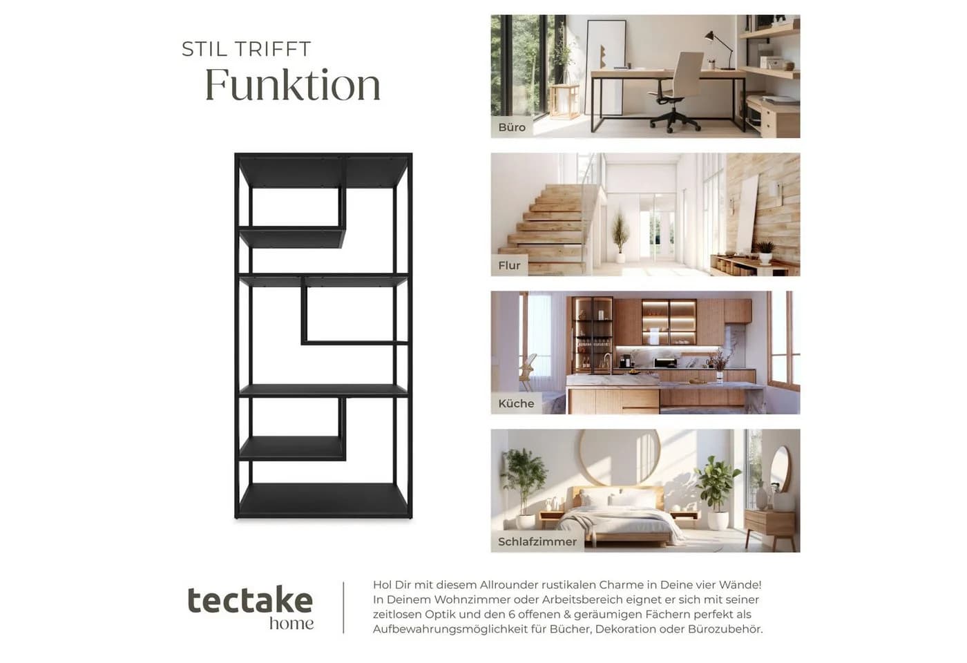 tectake Bücherregal Standregal 6 Fächer Industrial Look Schwarz - Bild 5