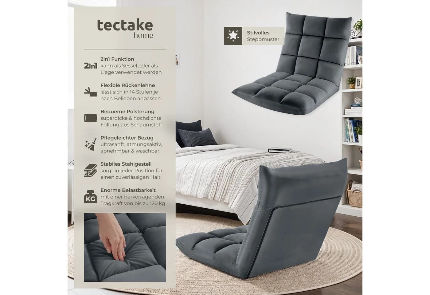 TECTAKE Relaxsessel Snooze Grau Samtbezug Verstellbar - Bild 2