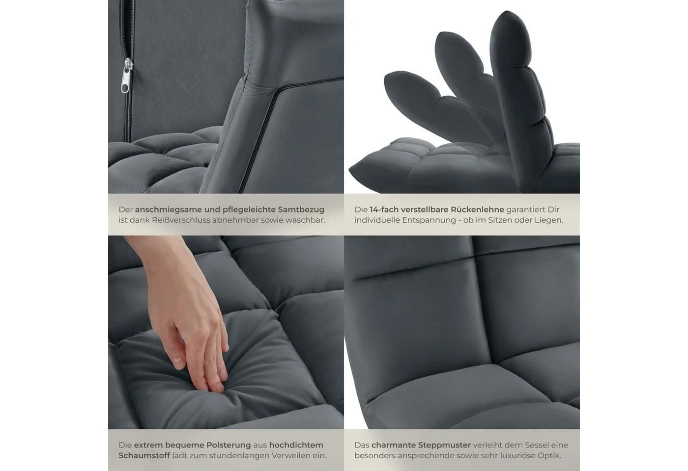 TECTAKE Relaxsessel Snooze Grau Samtbezug Verstellbar - Bild 5