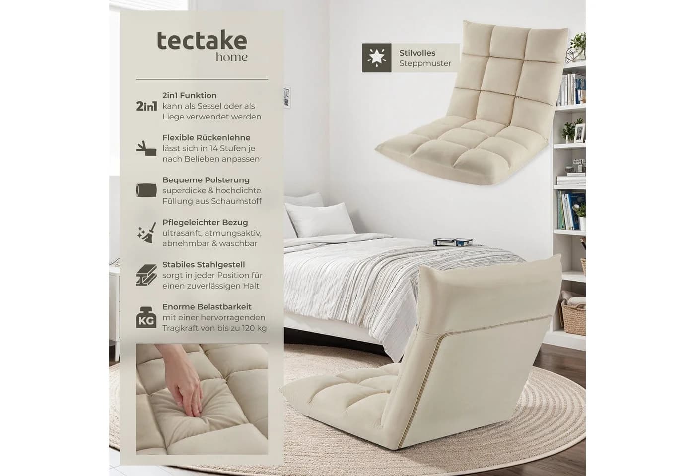 tectake Relaxsessel Snooze Beige Samt 3-in-1 verstellbar - Bild 2
