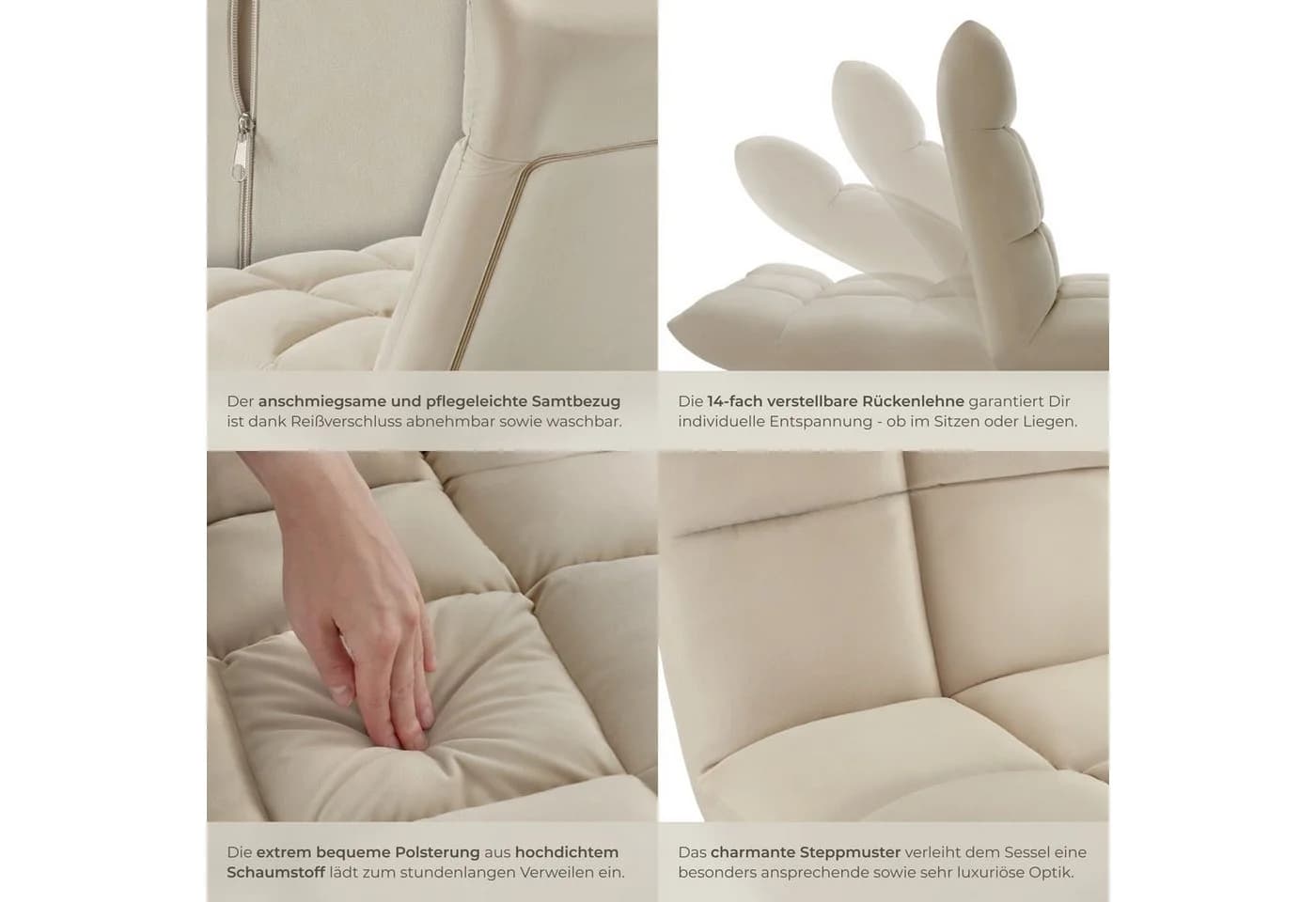 tectake Relaxsessel Snooze Beige Samt 3-in-1 verstellbar - Bild 5