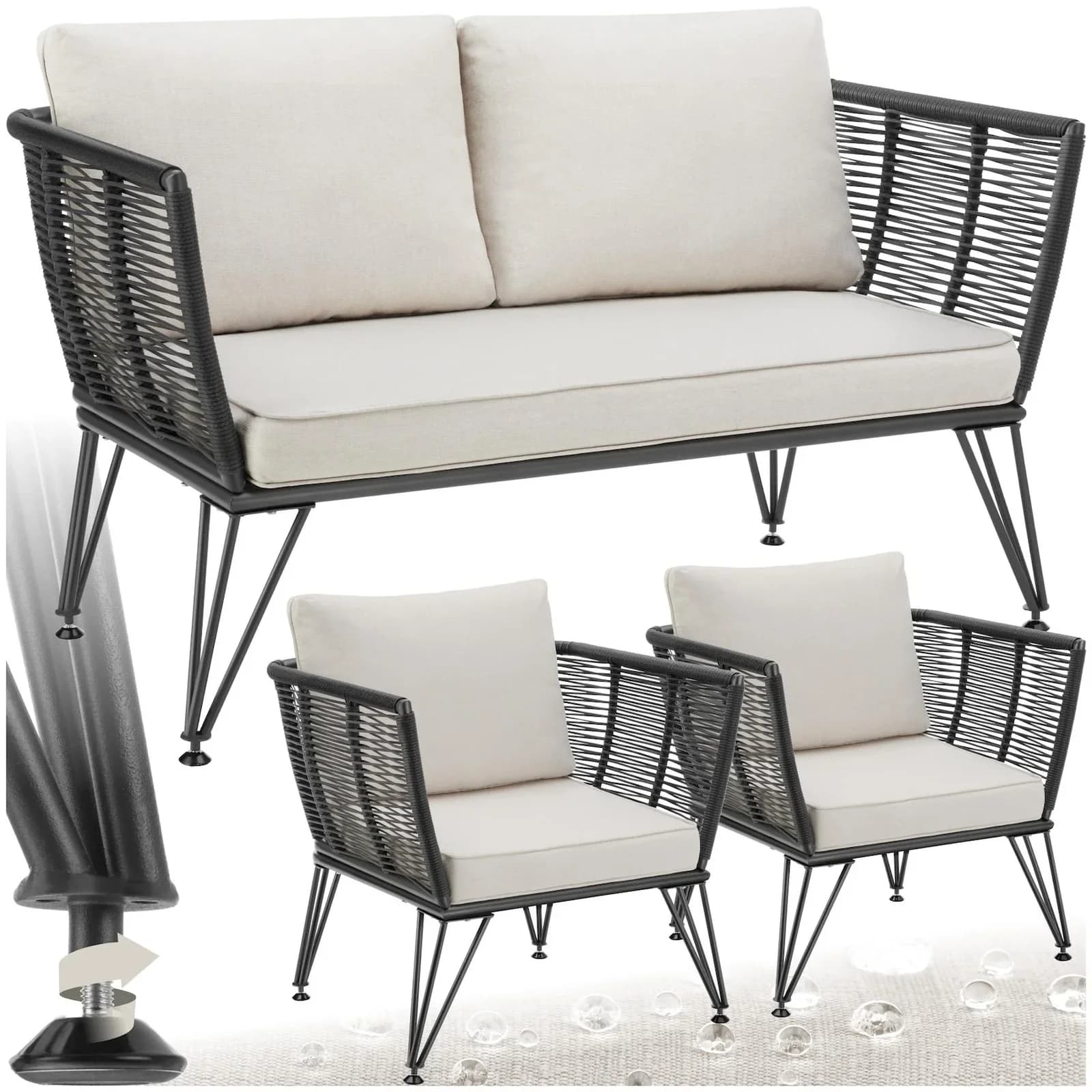 tectake Garten-Loungeset 3-tlg. Wetterfest Polyrattan