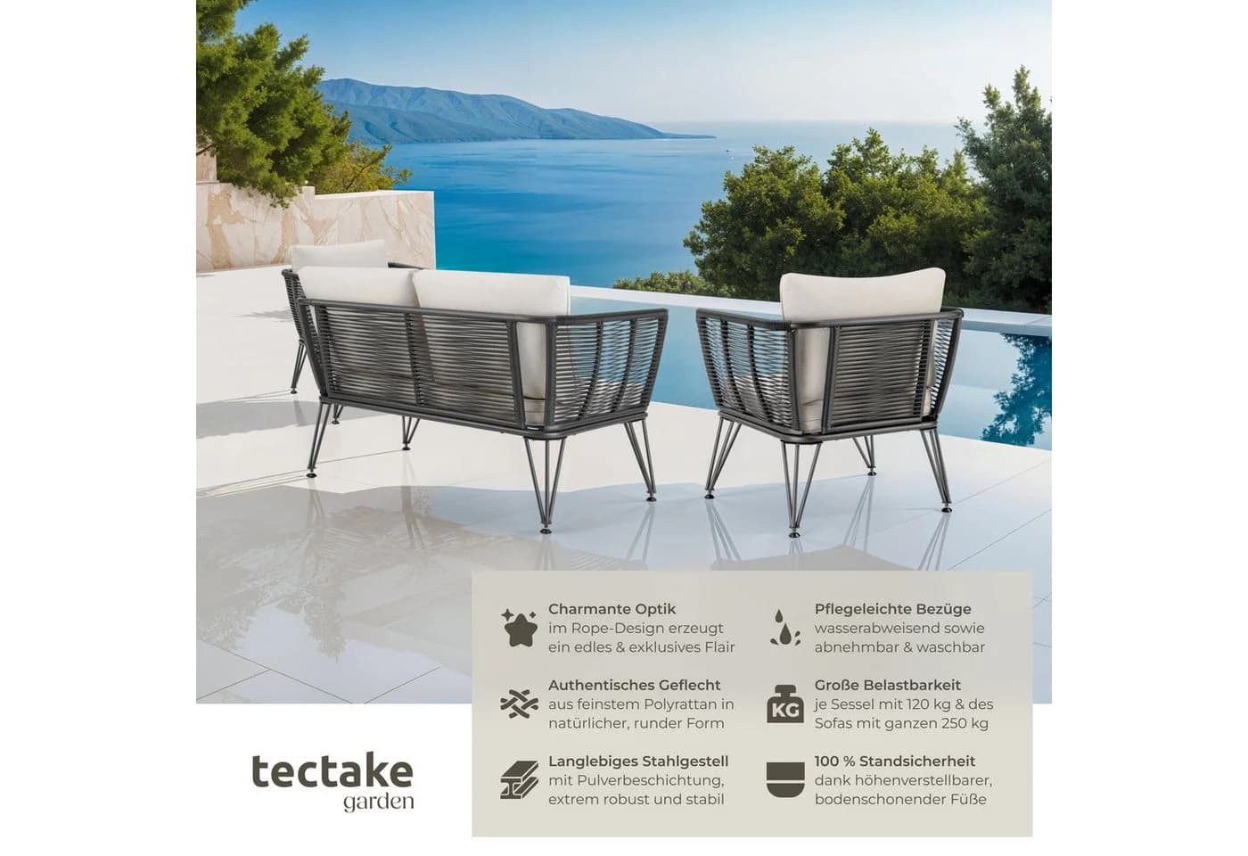 tectake Garten-Loungeset 3-tlg. Wetterfest Polyrattan - Bild 2