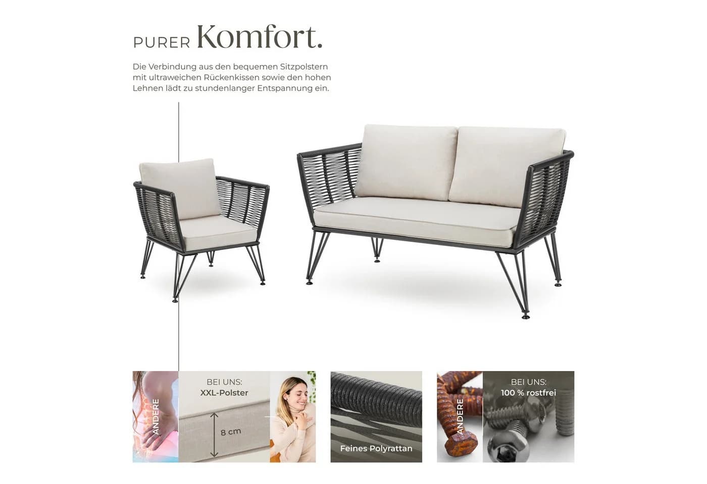 tectake Garten-Loungeset 3-tlg. Wetterfest Polyrattan - Bild 4