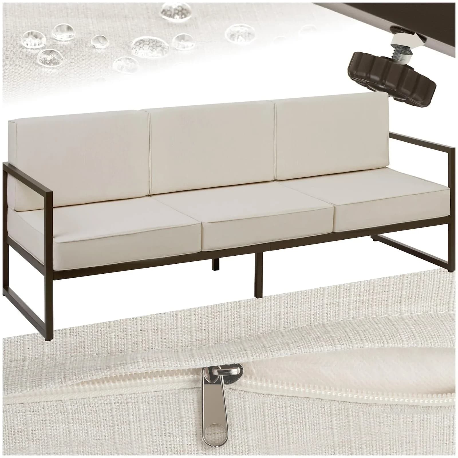 tectake Garten-Loungesofa 3-Sitzer Beige/Braun Pulverbeschichtetes Stahlgestell
