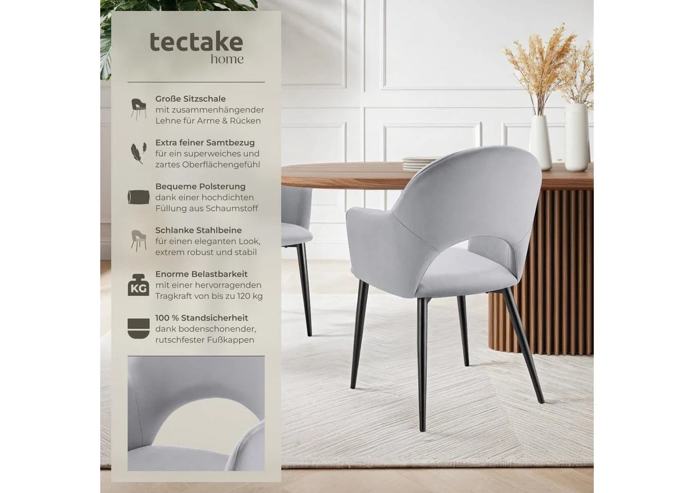 tectake Esszimmerstuhl Sachel 6er Set Samtoptik Grau - Bild 2