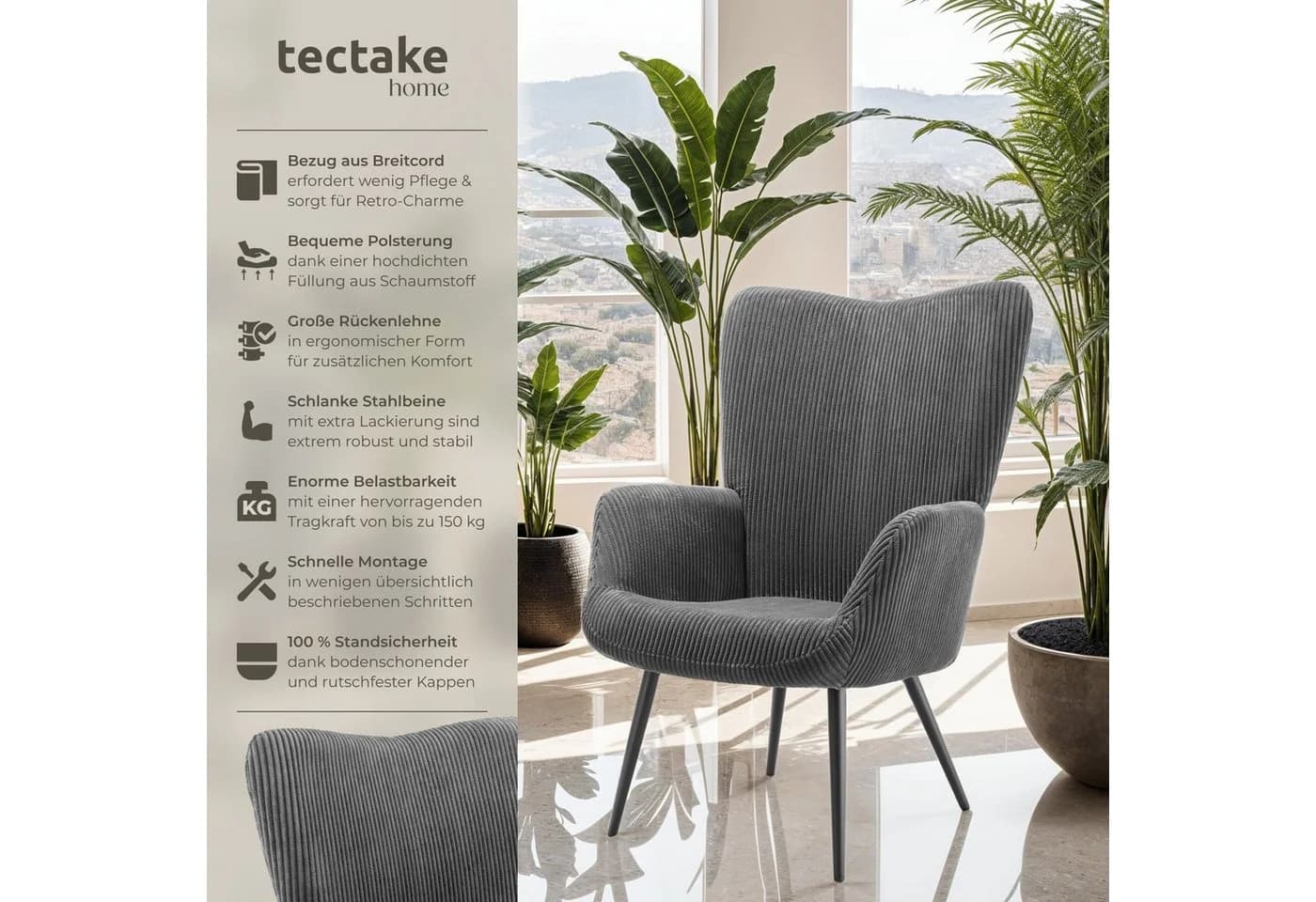 TECTAKE Sessel Hygge Breitcord Anthrazit/Schwarz Ergonomisch - Bild 2