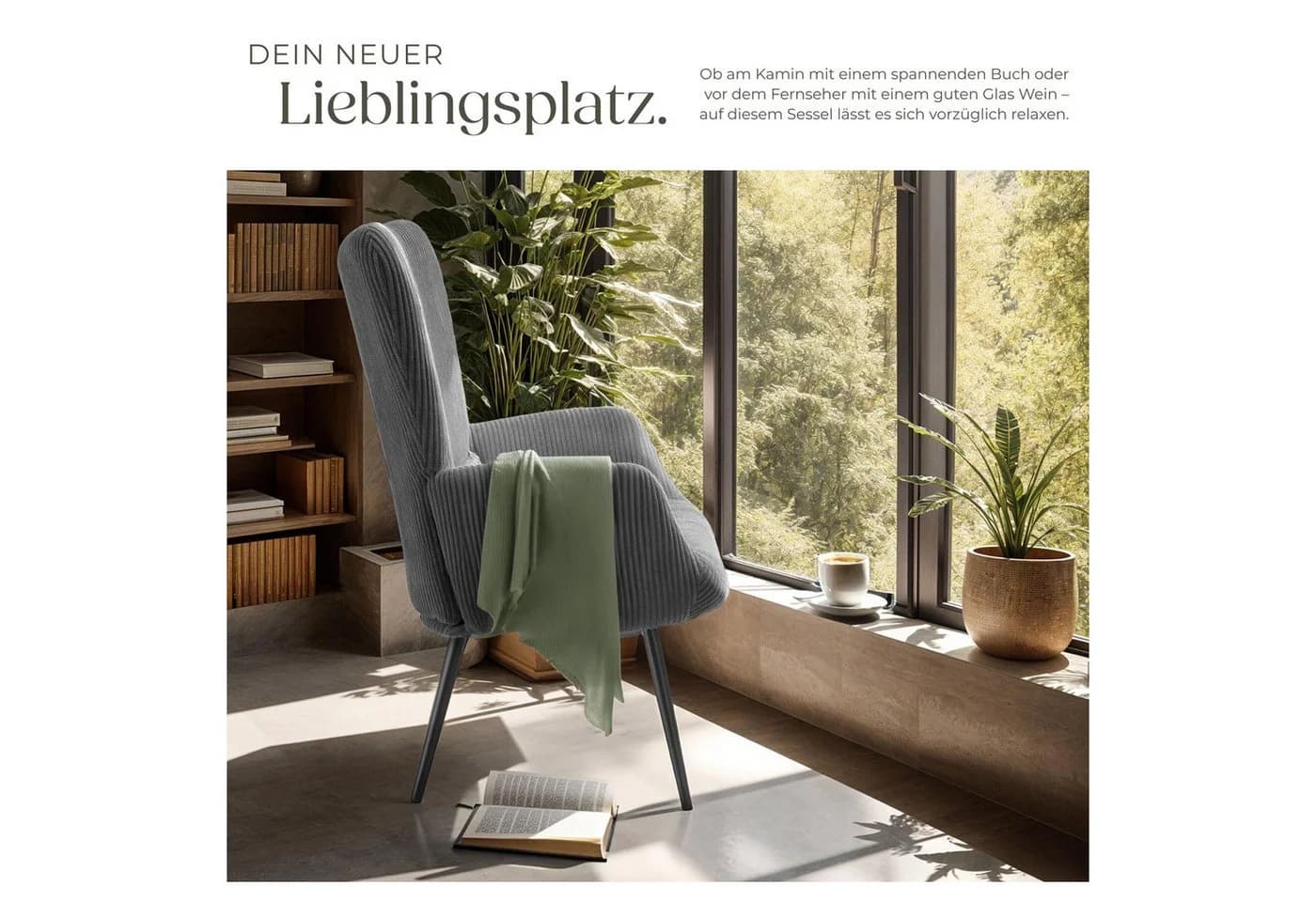 TECTAKE Sessel Hygge Breitcord Anthrazit/Schwarz Ergonomisch - Bild 4