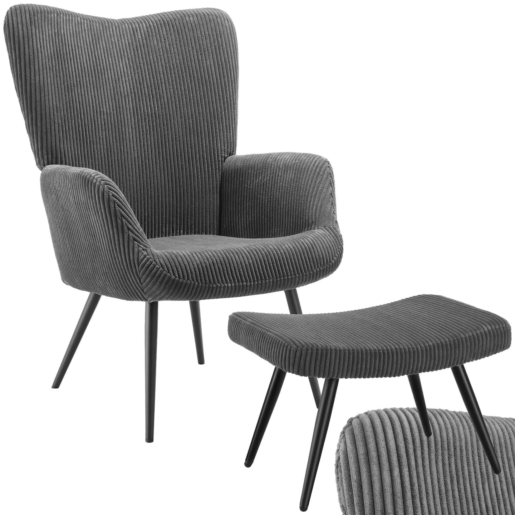 tectake Relaxsessel Hygge mit Hocker Breitcord Anthrazit/Schwarz