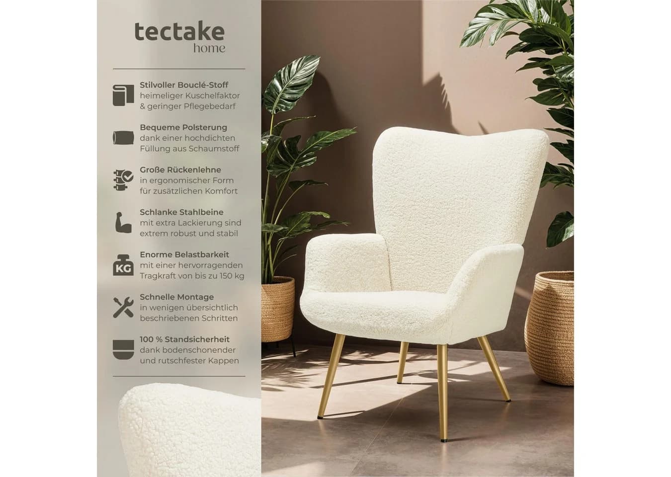 tectake Relaxsessel Hygge Bouclé Creme/Gold Polstersessel - Bild 2