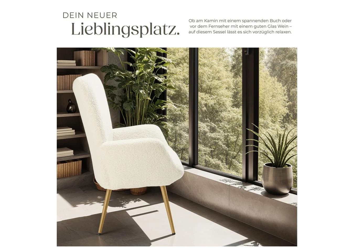 tectake Relaxsessel Hygge Bouclé Creme/Gold Polstersessel - Bild 4