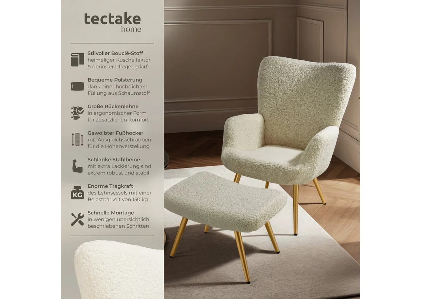 tectake Relaxsessel Hygge mit Hocker Bouclé Creme/Gold - Bild 2