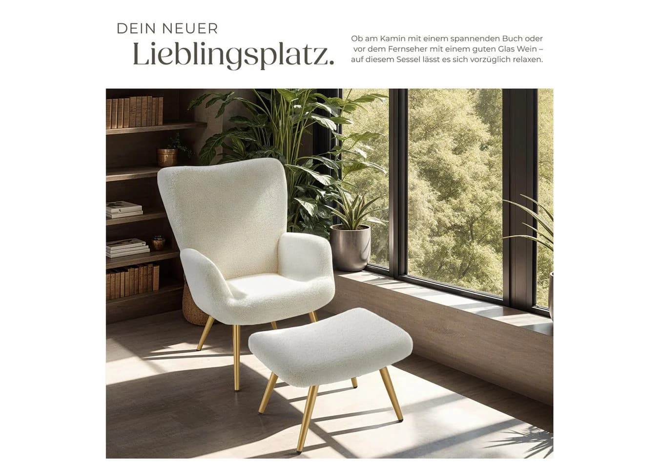 tectake Relaxsessel Hygge mit Hocker Bouclé Creme/Gold - Bild 4