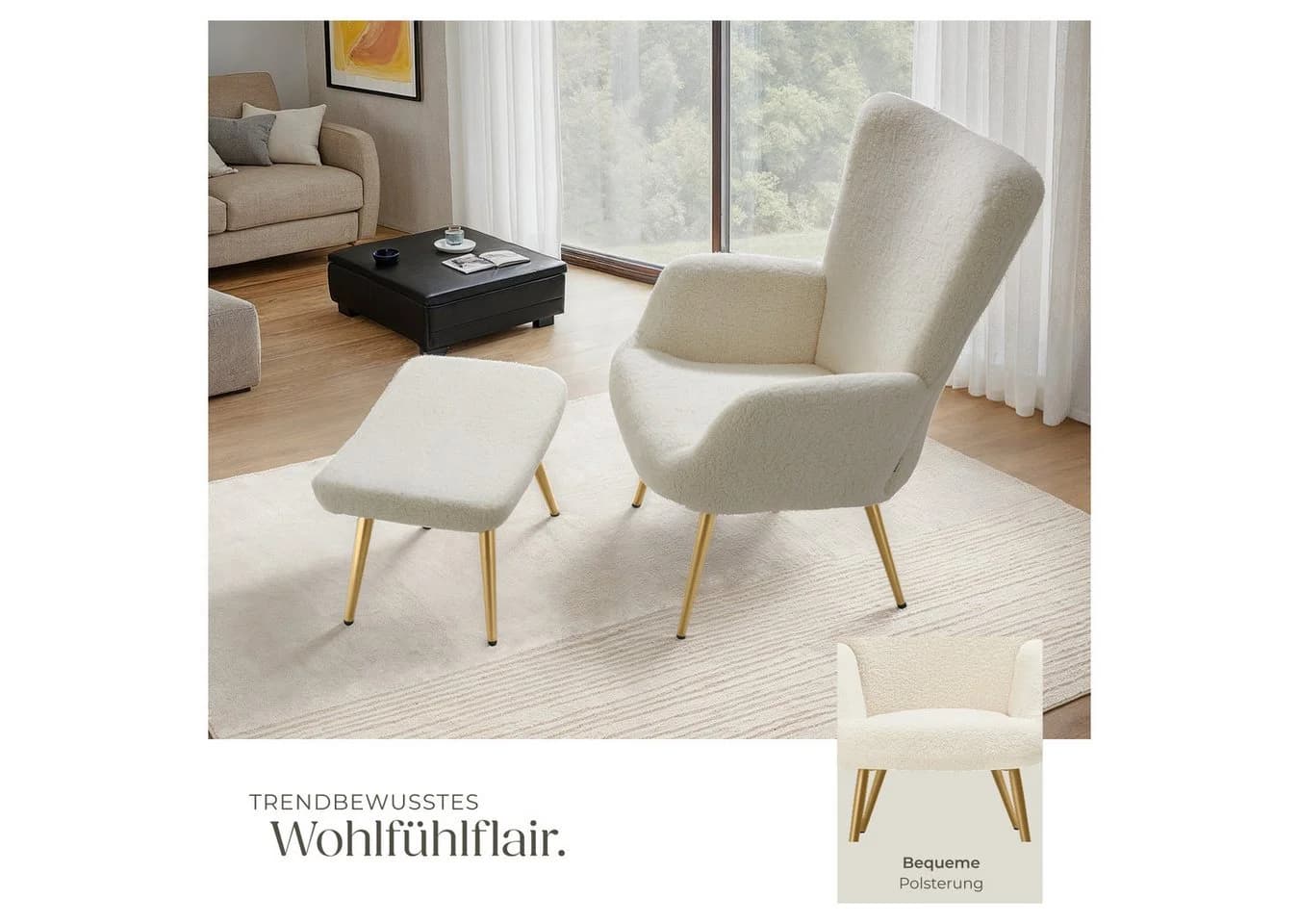 tectake Relaxsessel Hygge mit Hocker Bouclé Creme/Gold - Bild 5