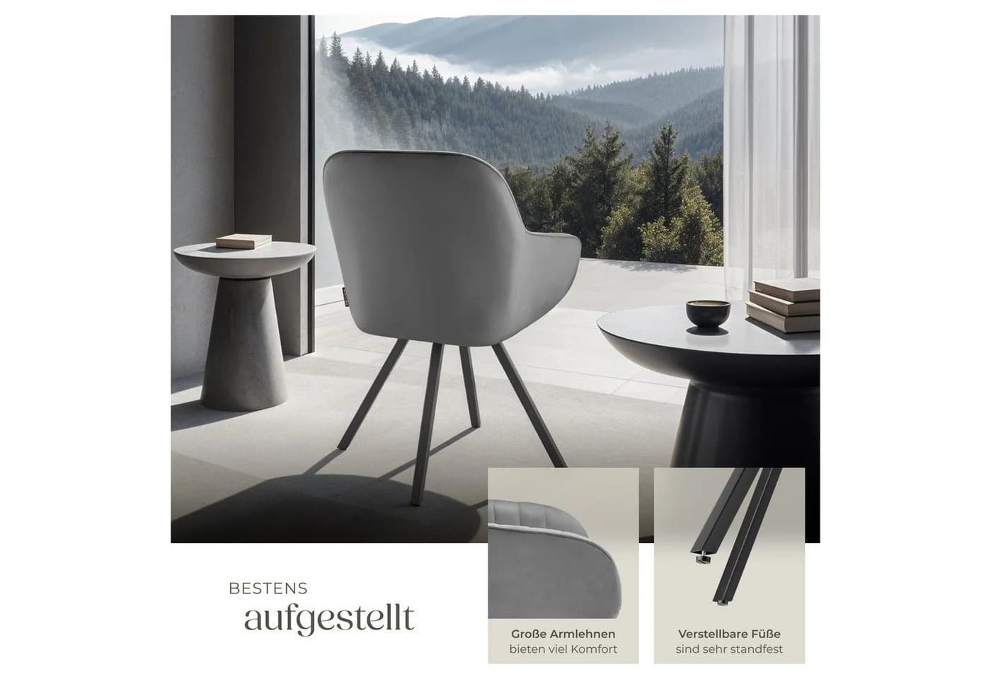 tectake Esszimmerstuhl Drehbarer Armlehnstuhl Snug Samtoptik Grau (6er Set) - Bild 5