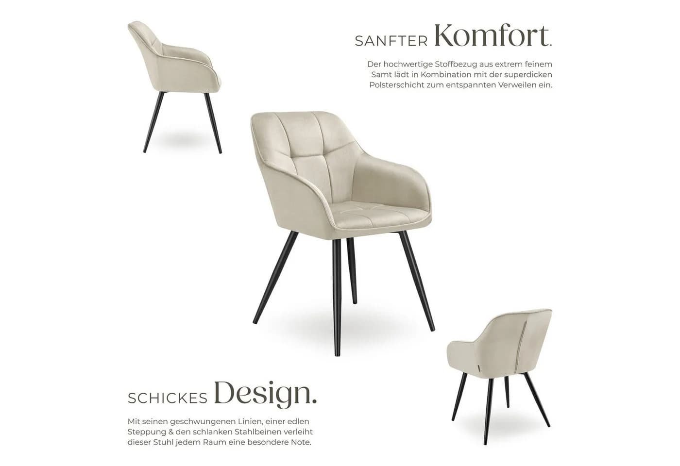 tectake Esszimmerstuhl Marilyn Set 4 St. Beige Samtoptik Gesteppt - Bild 4