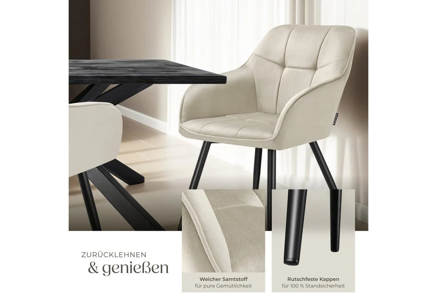tectake Esszimmerstuhl Marilyn Set 4 St. Beige Samtoptik Gesteppt - Bild 5