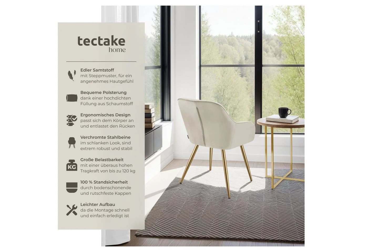tectake Esszimmerstuhl Marilyn Samt Beige Gold Set 4 St - Bild 2