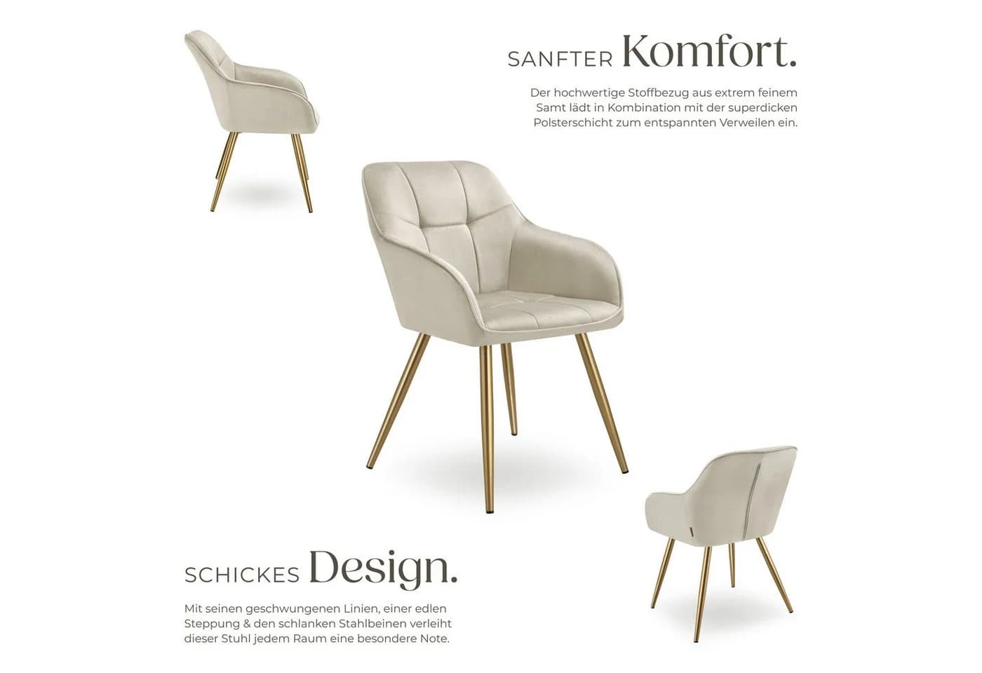 tectake Esszimmerstuhl Marilyn Samt Beige Gold Set 4 St - Bild 4