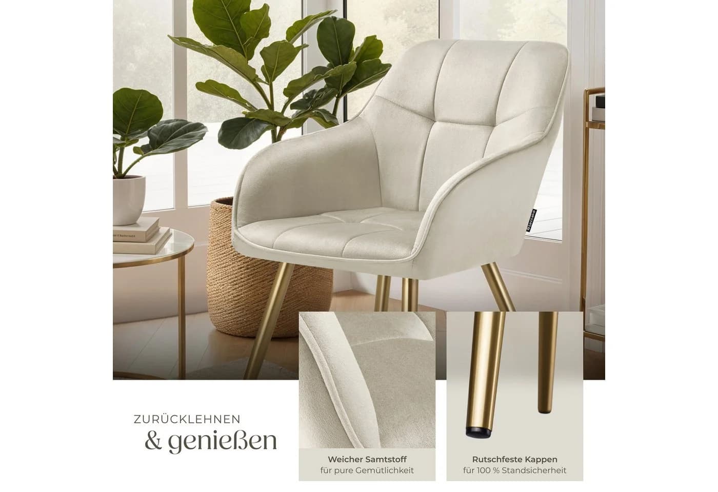 tectake Esszimmerstuhl Marilyn Samt Beige Gold Set 4 St - Bild 5