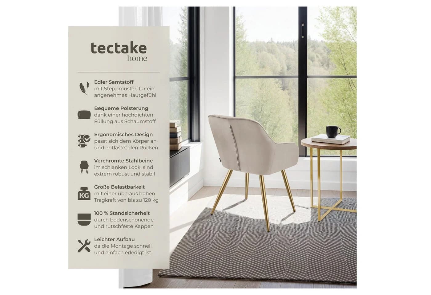 tectake Esszimmerstuhl Marilyn Samtbezug Gesteppt Set 4 Stuhl Taupe Gold - Bild 2