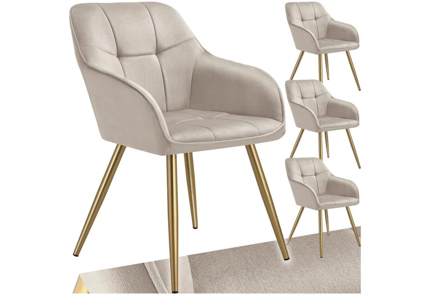 tectake Esszimmerstuhl Marilyn Samtbezug Gesteppt Set 4 Stuhl Taupe Gold - Bild 3