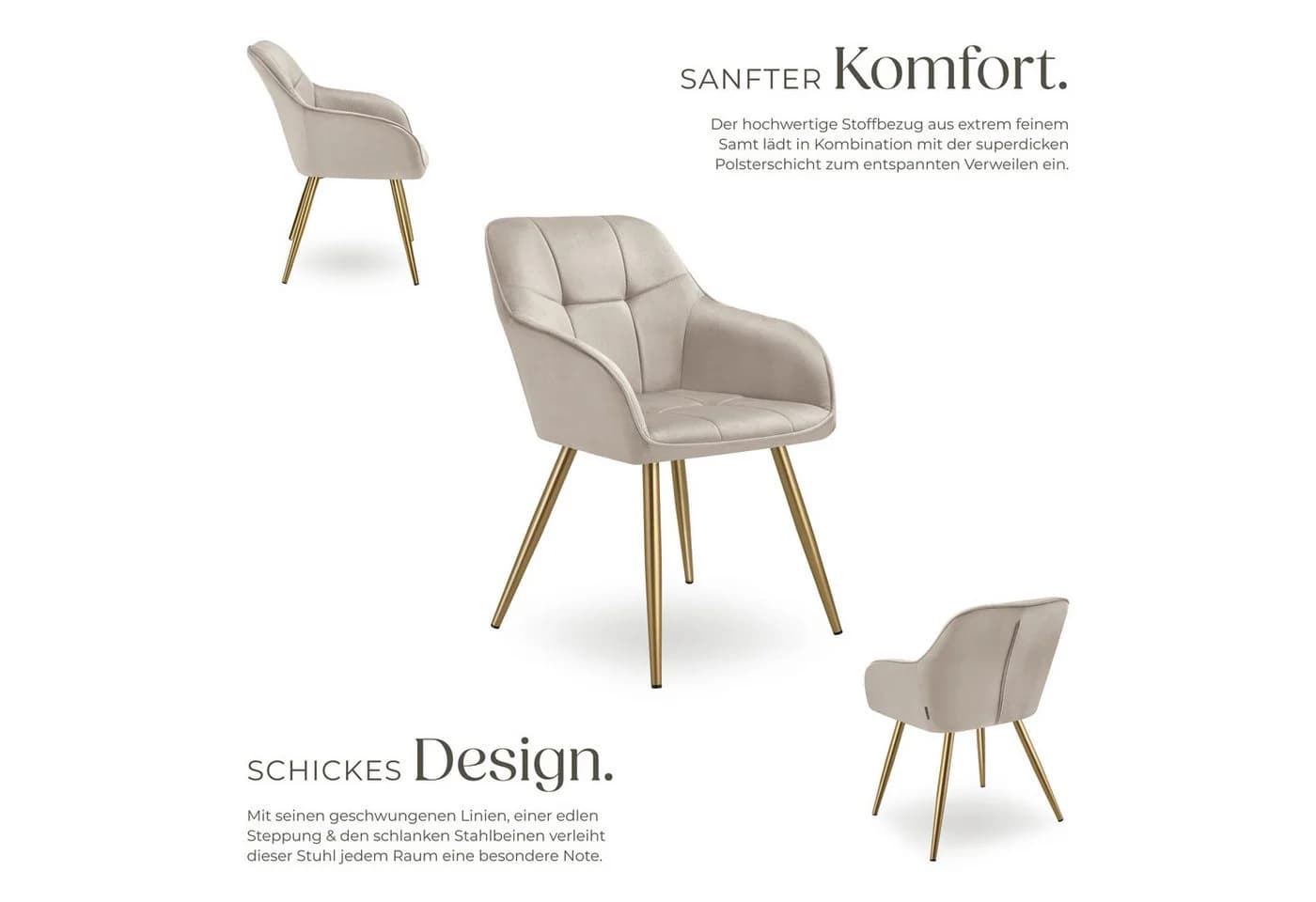 tectake Esszimmerstuhl Marilyn Samtbezug Gesteppt Set 4 Stuhl Taupe Gold - Bild 4