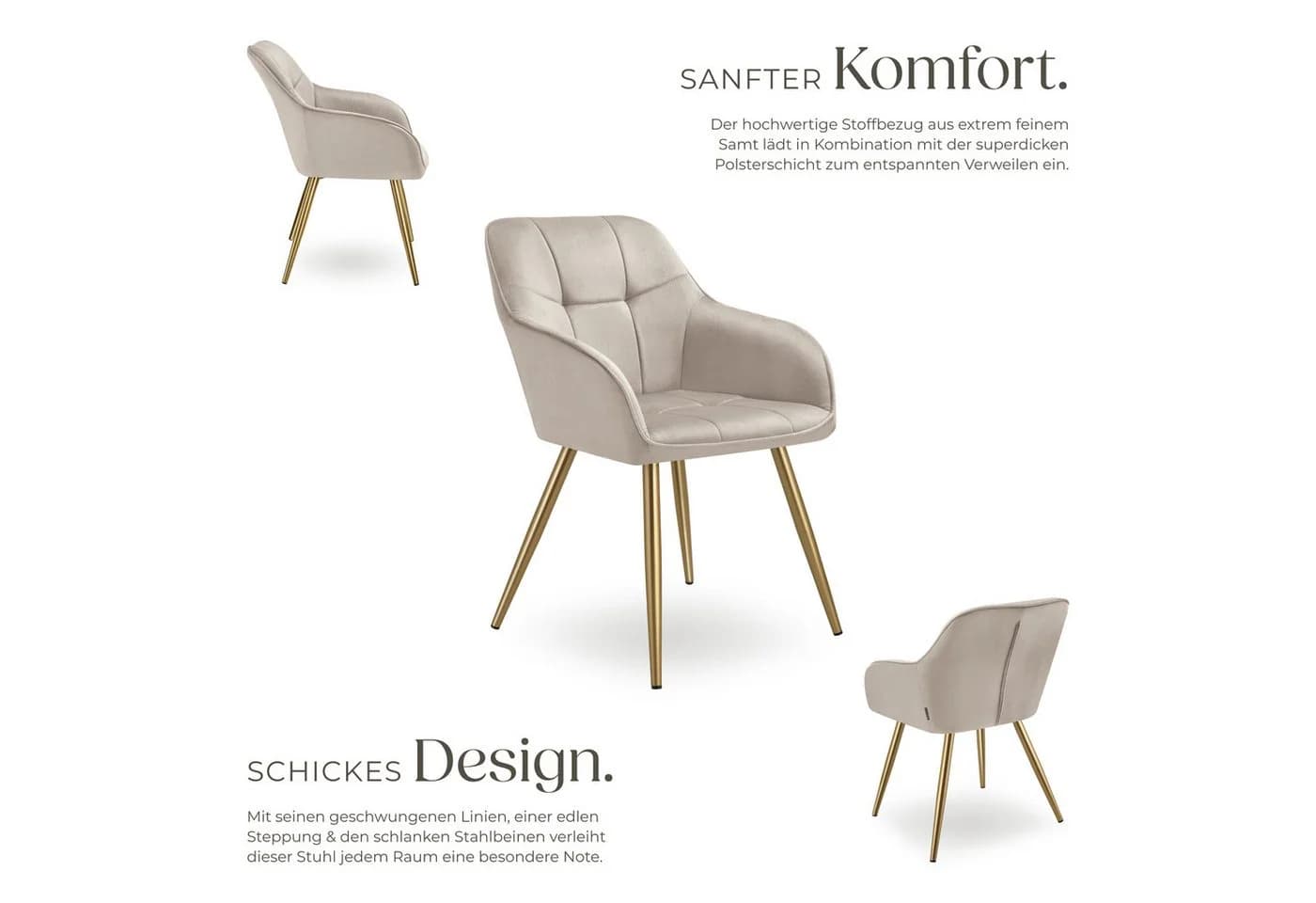 tectake Esszimmerstuhl Marilyn Set 6-tlg. Taupe Samtoptik Gold - Bild 4