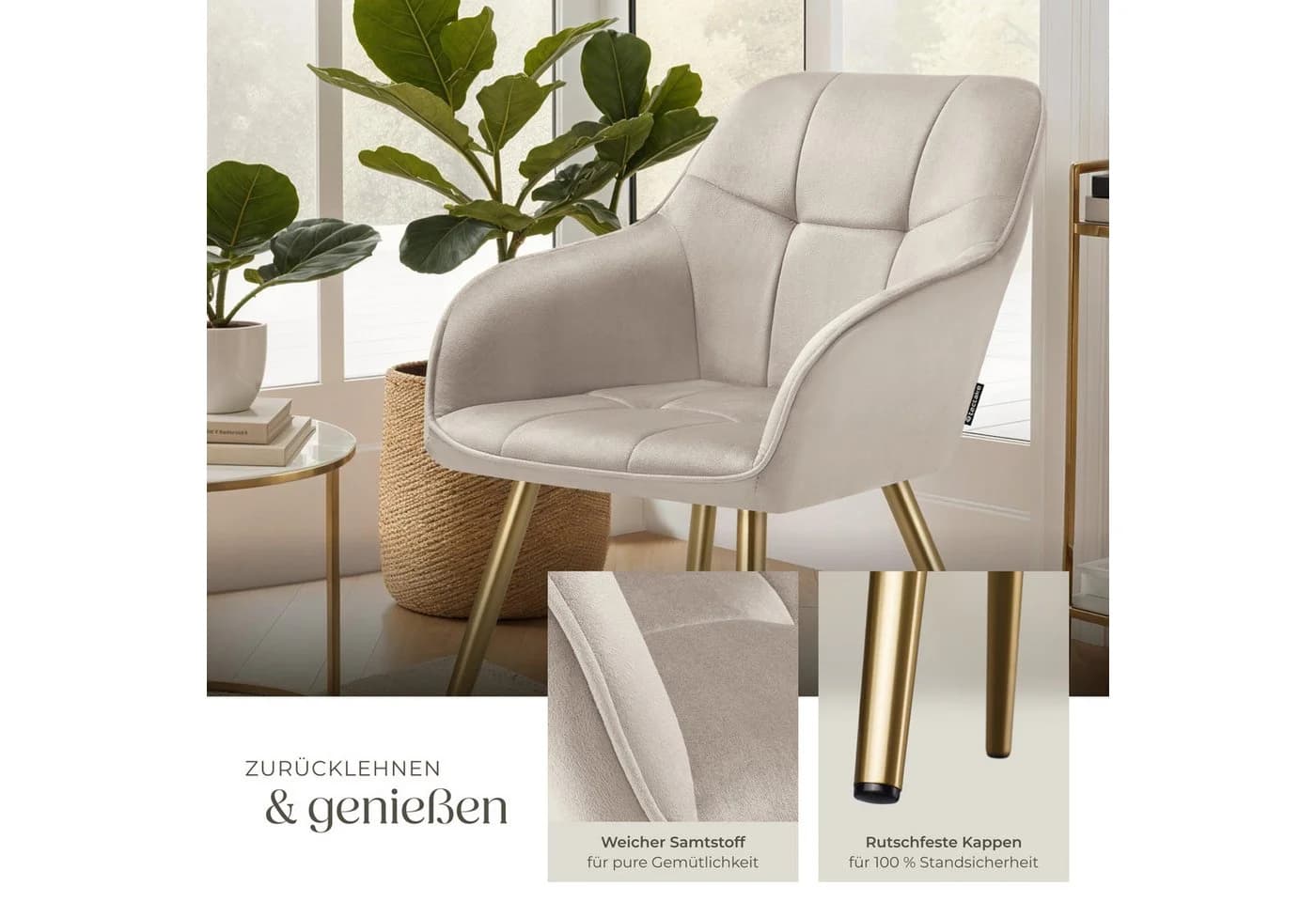 tectake Esszimmerstuhl Marilyn Set 6-tlg. Taupe Samtoptik Gold - Bild 5