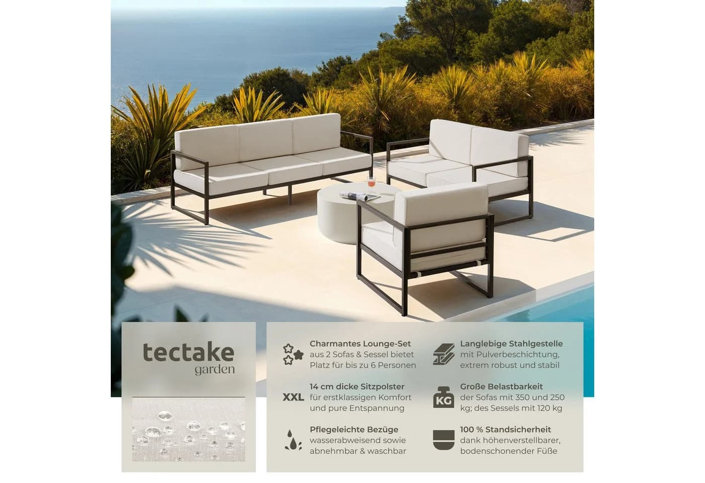 tectake Garten-Loungeset 3-tlg. Pulverbeschichteter Stahl 14 cm Polster - Bild 2
