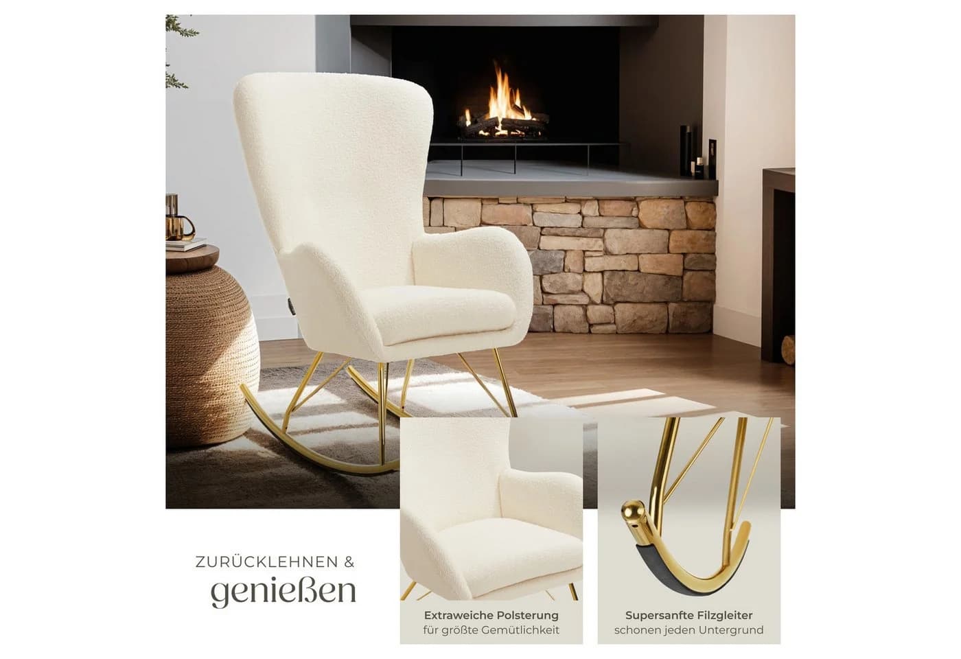 tectake Schaukelstuhl Swing Beige/Gold mit abnehmbarem Polster - Bild 5