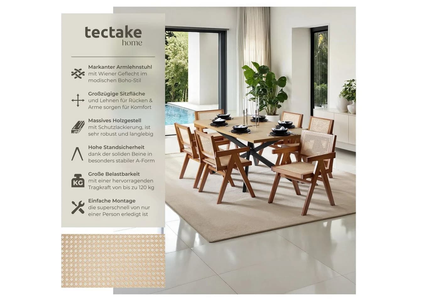 TecTake Armlehnstuhl Boho-Stil Massives Holzgestell