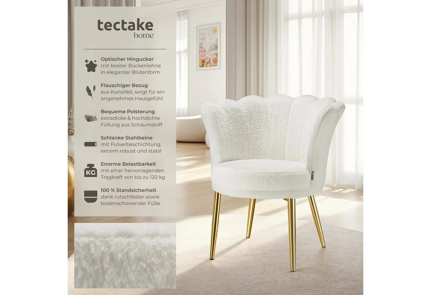 tectake Sessel Stella Kunstfell Creme Gold Dicke Polsterung - Bild 2