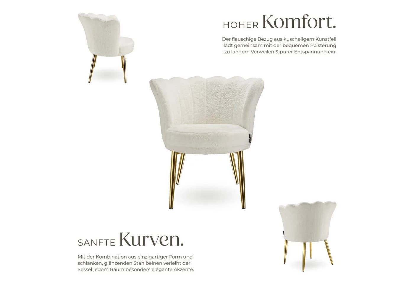 tectake Sessel Stella Kunstfell Creme Gold Dicke Polsterung - Bild 4