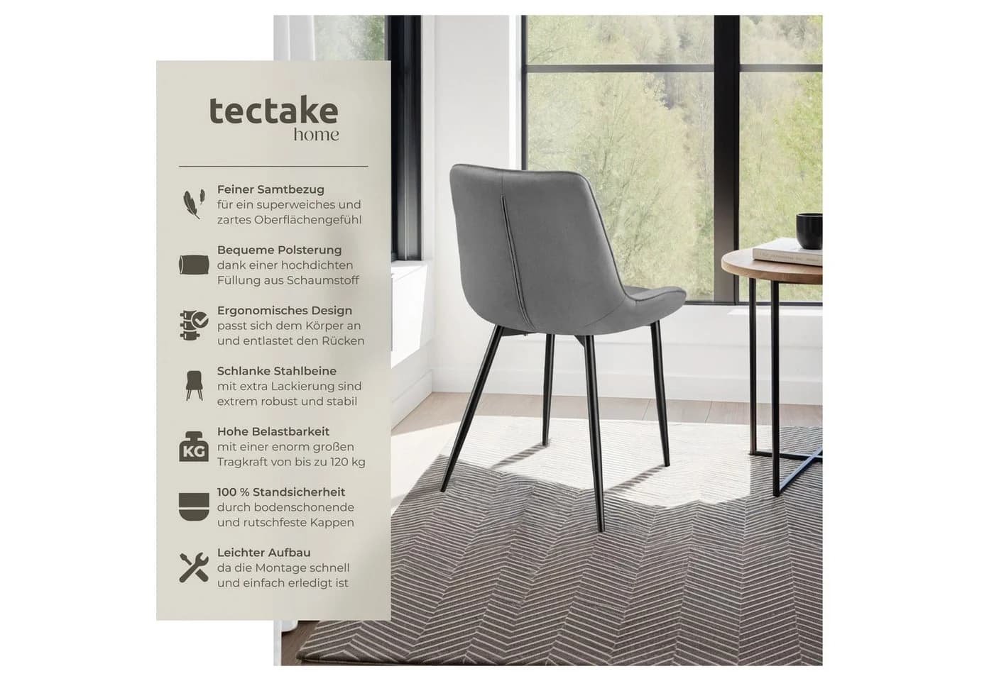 TECTAKE Esszimmerstuhl Monroe gepolstert grau Samtoptik 8er Set