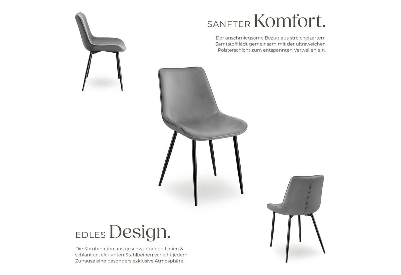 TECTAKE Esszimmerstuhl Monroe gepolstert grau Samtoptik 8er Set - Bild 3