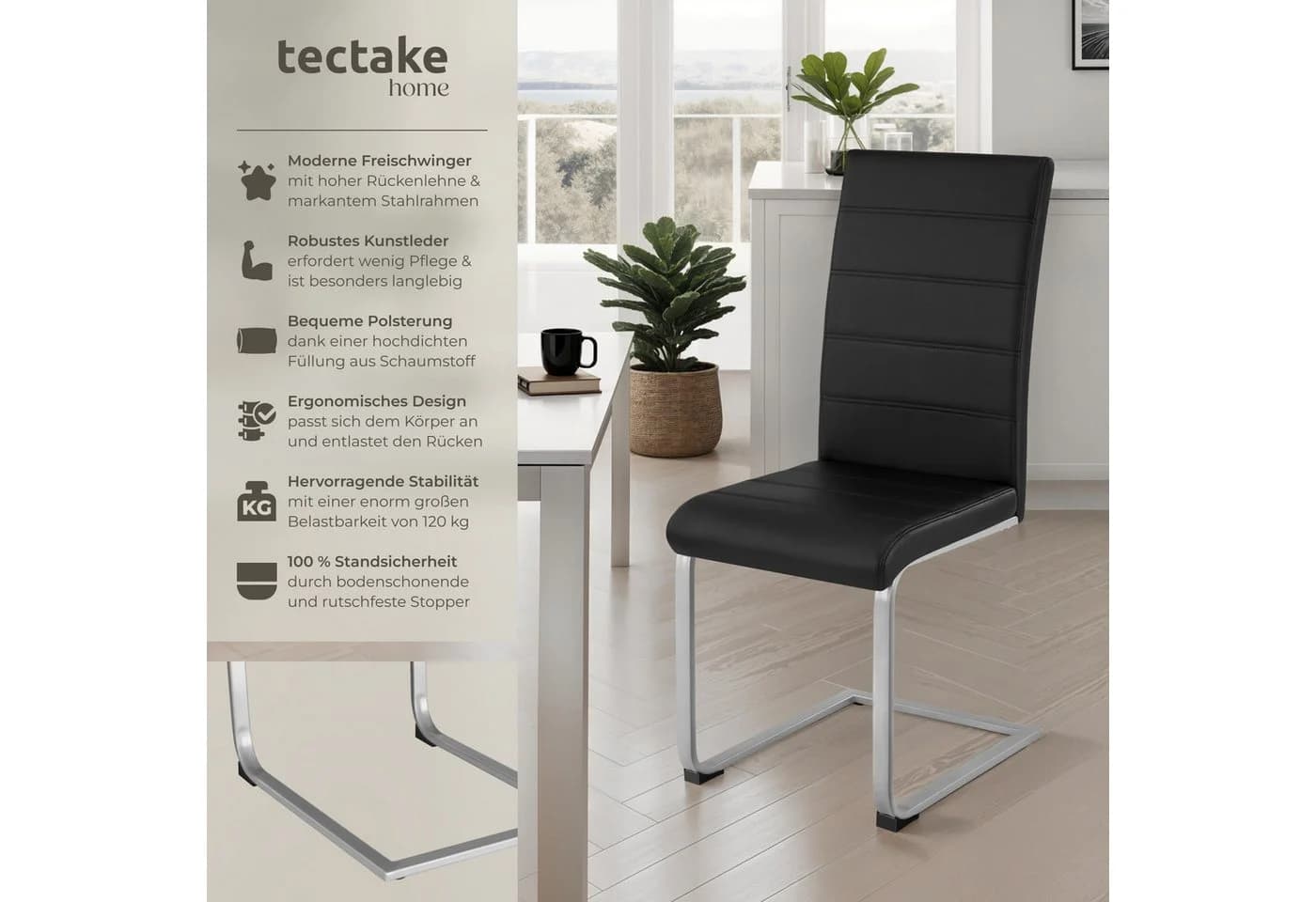tectake Esszimmerstuhl Schwingstühle Set 8-tlg. Schwarz Kunstleder