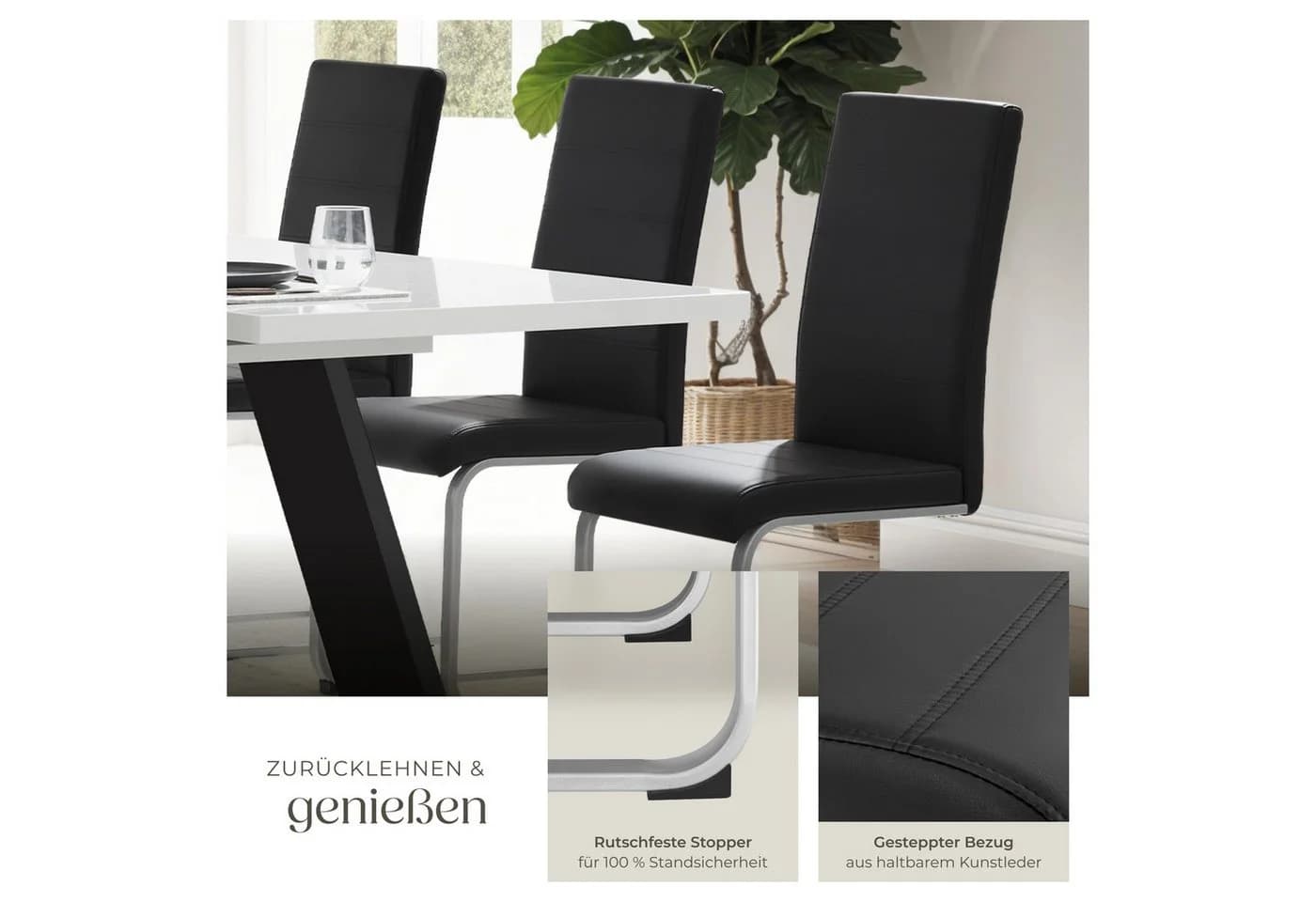 tectake Esszimmerstuhl Schwingstühle Set 8-tlg. Schwarz Kunstleder - Bild 4