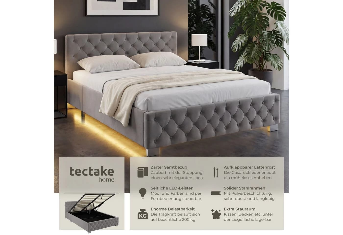 tectake Polsterbett Dunkelgrau mit LED & Stauraum - Bild 2