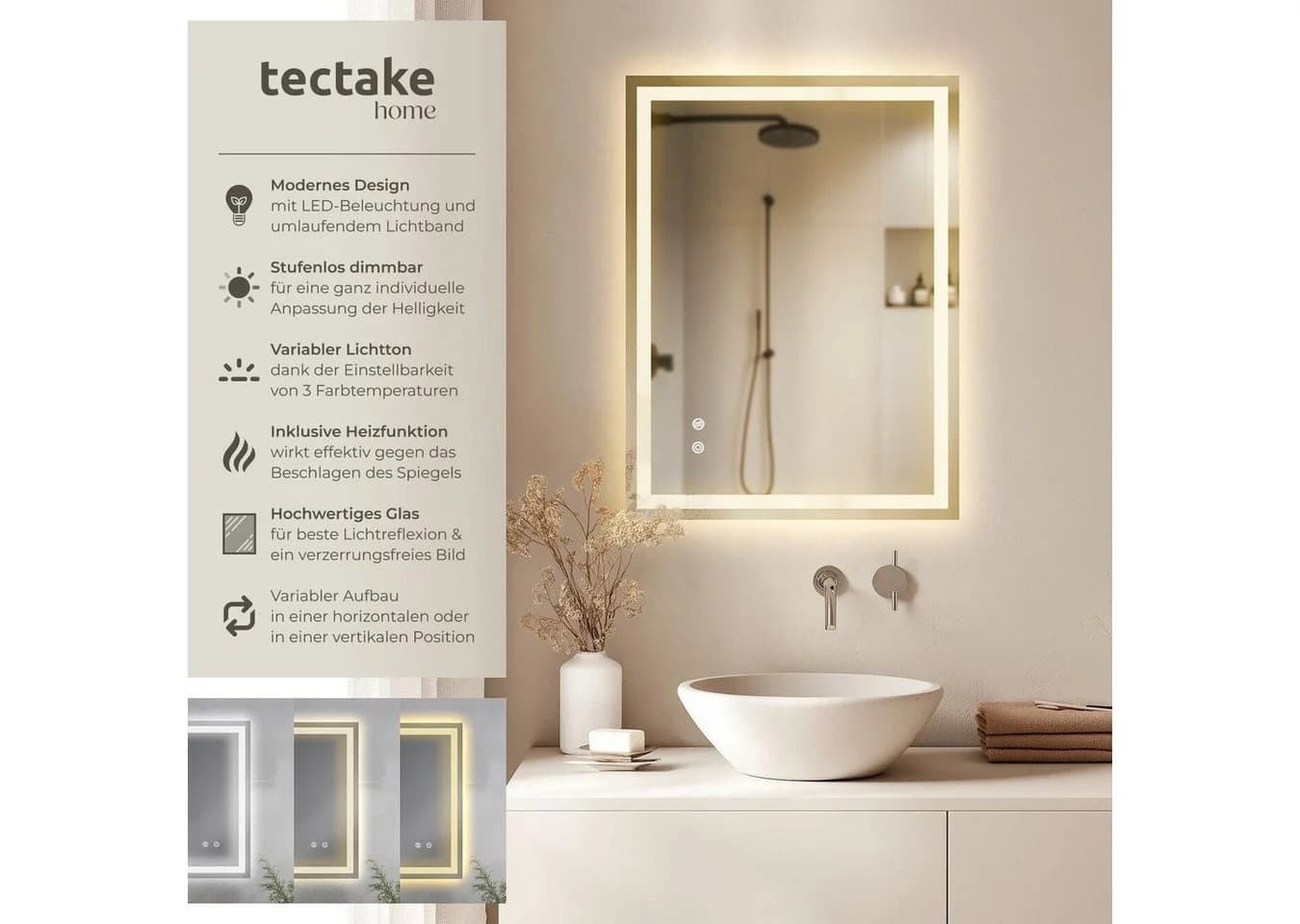 tectake LED-Lichtspiegel Rechteckiger LED Badezimmerspiegel - Bild 2