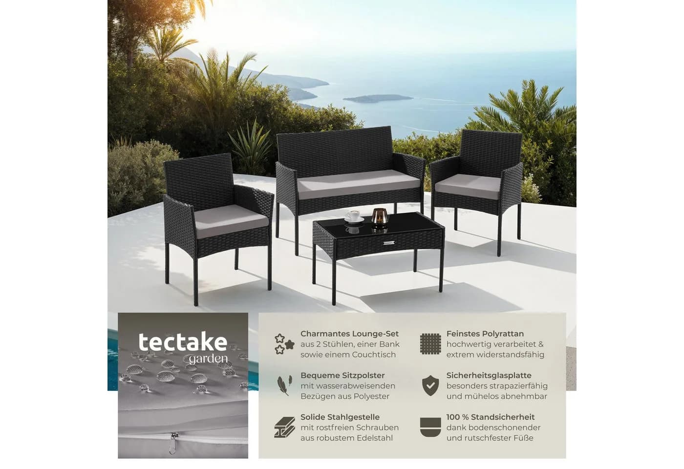 TECTAKE Sitzgruppe Rattan Gartenset 4-tlg. Schwarz mit Glasplatte - Bild 2
