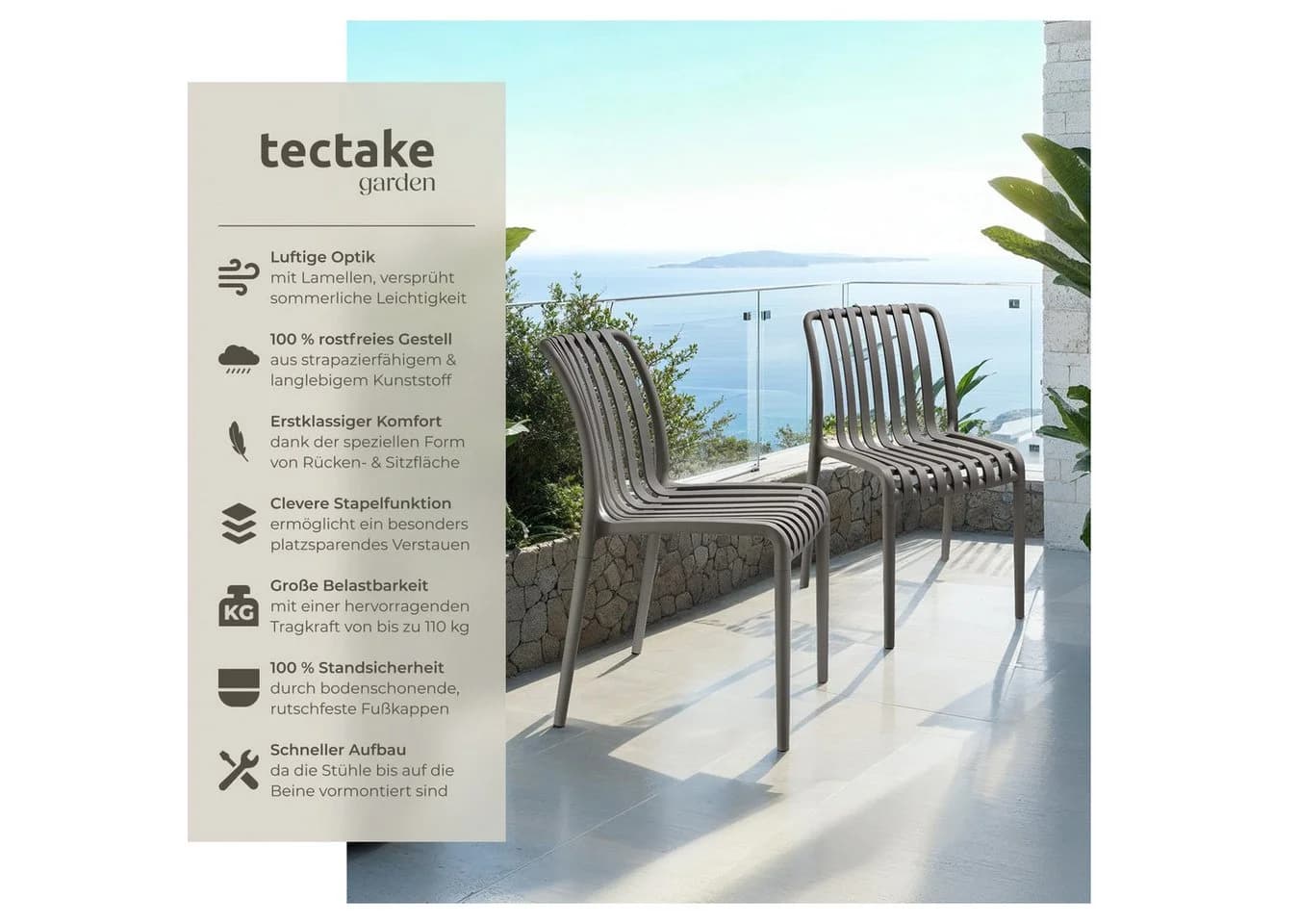 tectake Gartenstuhl Alcudia Stapelbar Grau 2 St