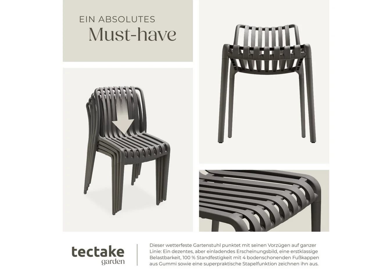 tectake Gartenstuhl Alcudia Stapelbar Grau 2 St - Bild 5