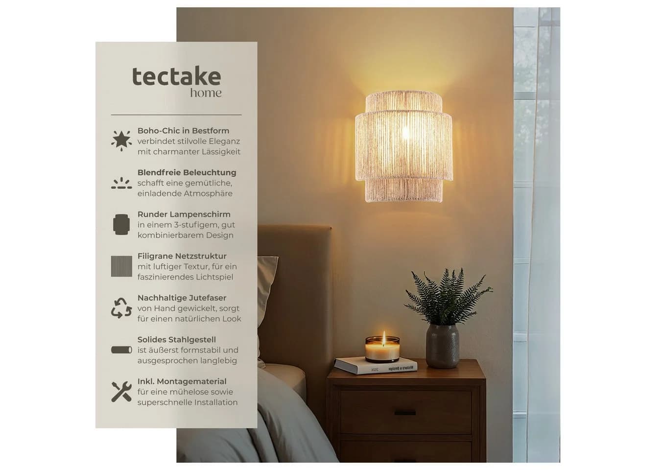 tectake Wandleuchte Lignea Lux Jute Boho-Stil Wandlampe