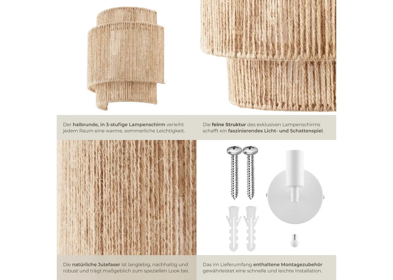 tectake Wandleuchte Lignea Lux Jute Boho-Stil Wandlampe - Bild 4
