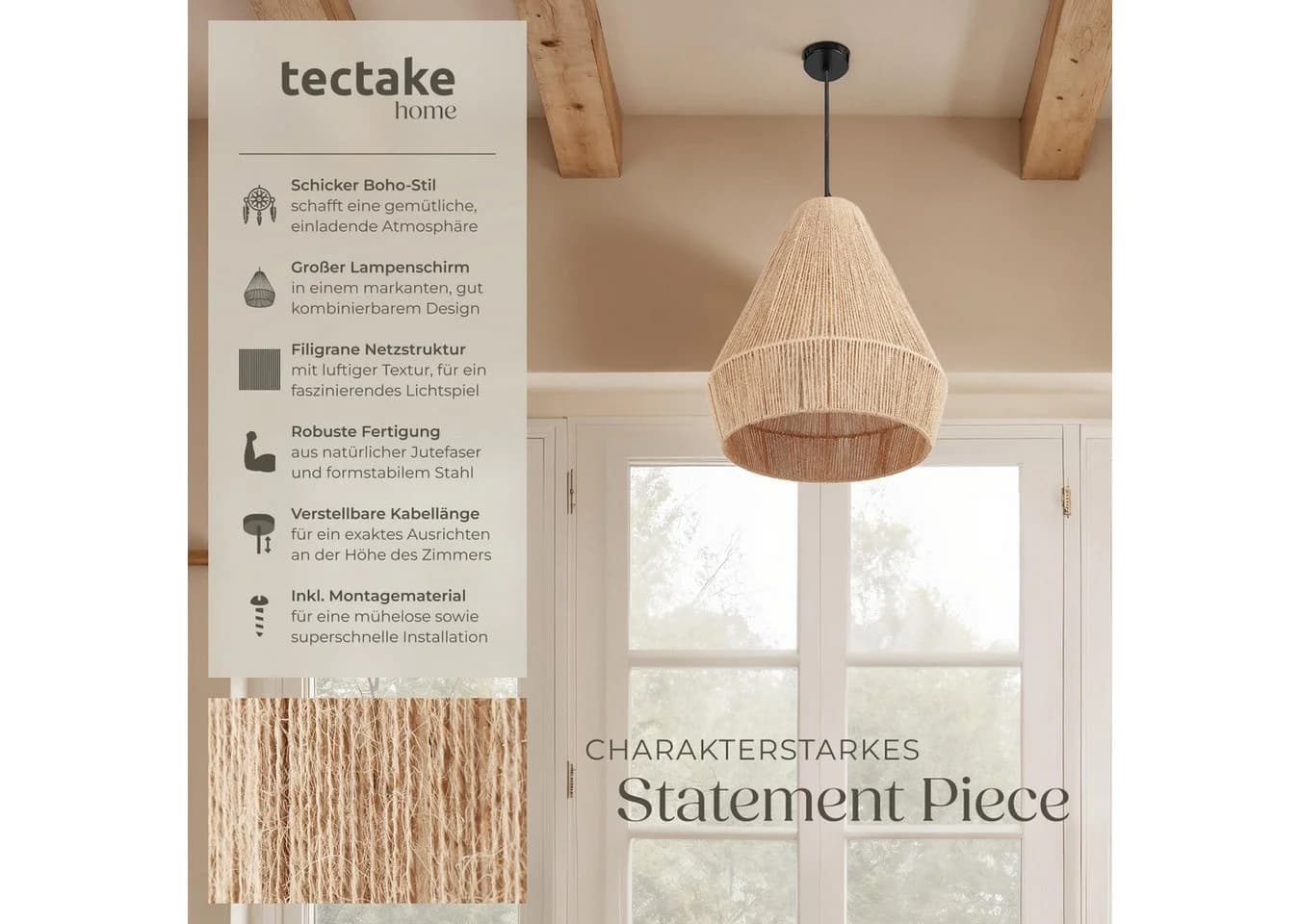 tectake Deckenleuchte Suri Boho-Stil Jute Pendelleuchte - Bild 2
