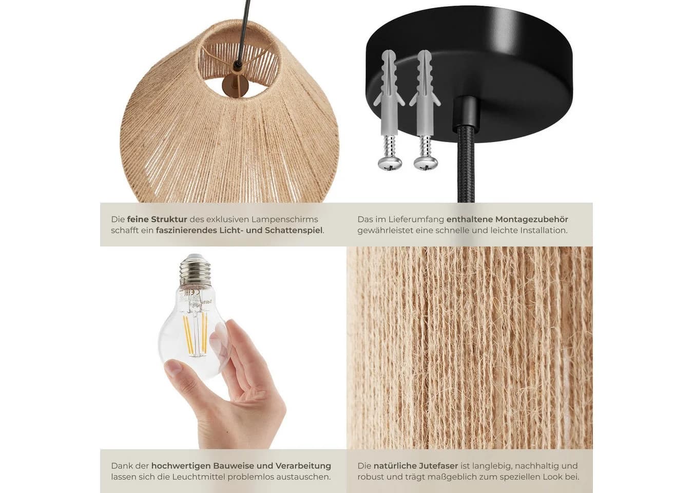 tectake Deckenleuchte Suri Boho-Stil Jute Pendelleuchte - Bild 5