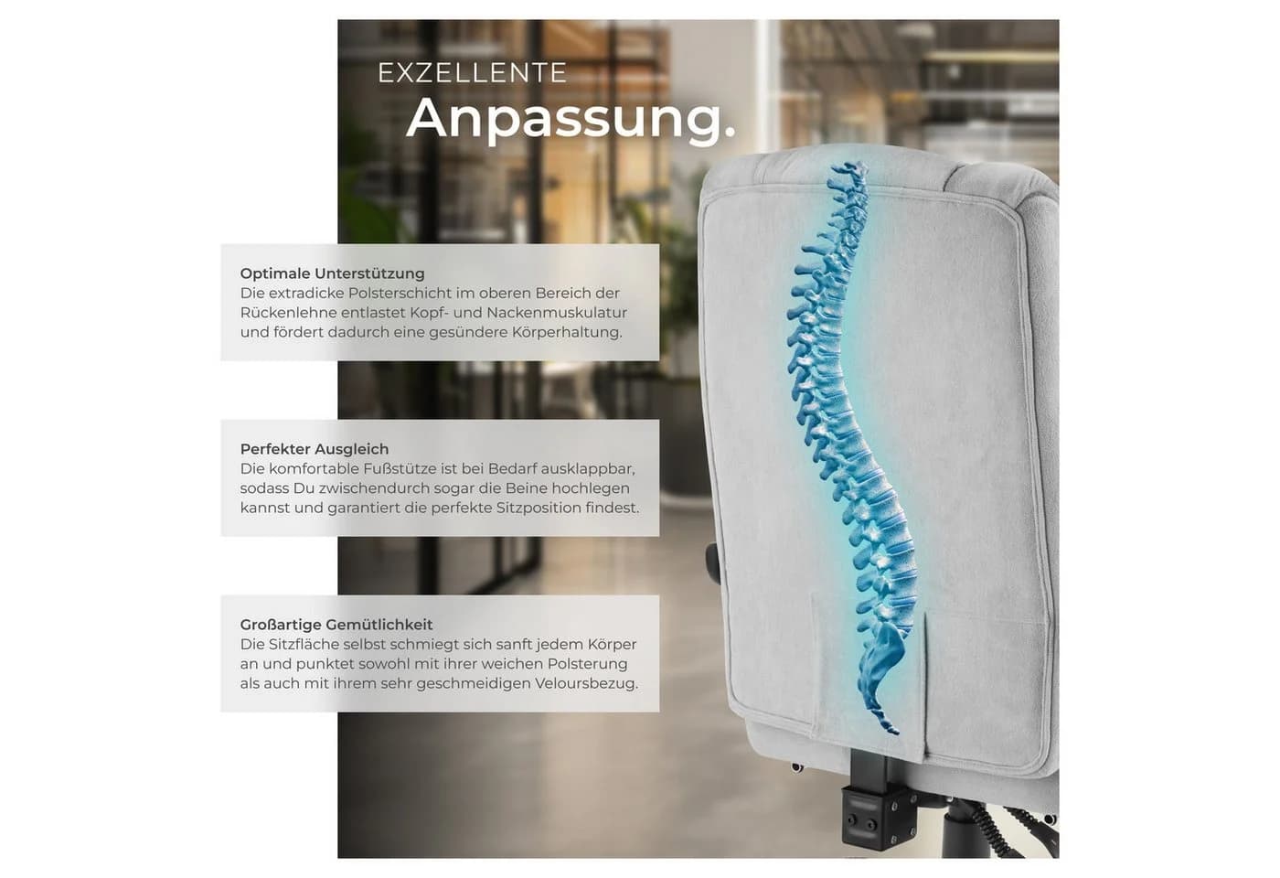 tectake Chefsessel Jillien mit Fußstütze Grau Velours - Bild 5